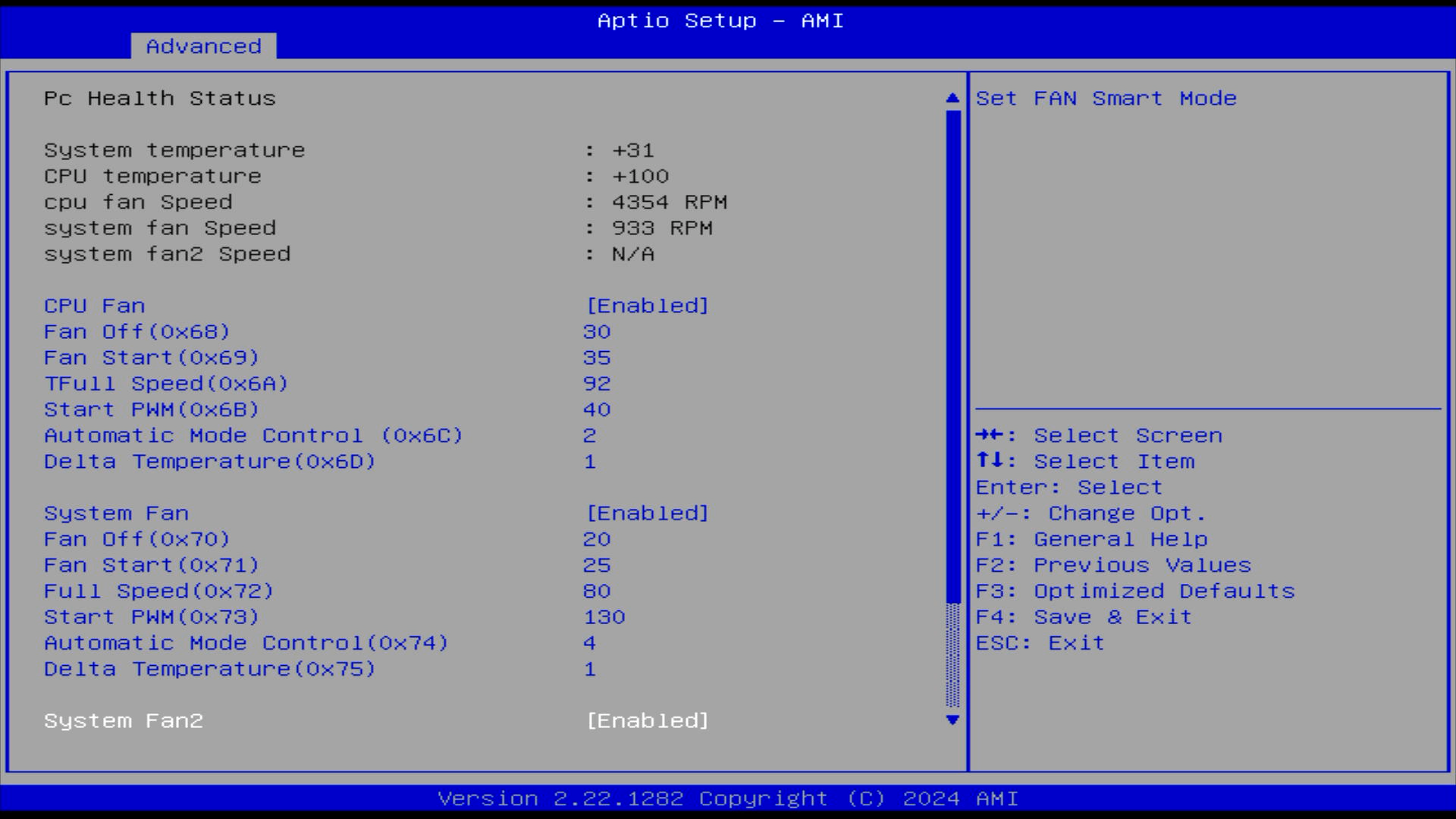 Screenshot of BIOS fan speed controls.
