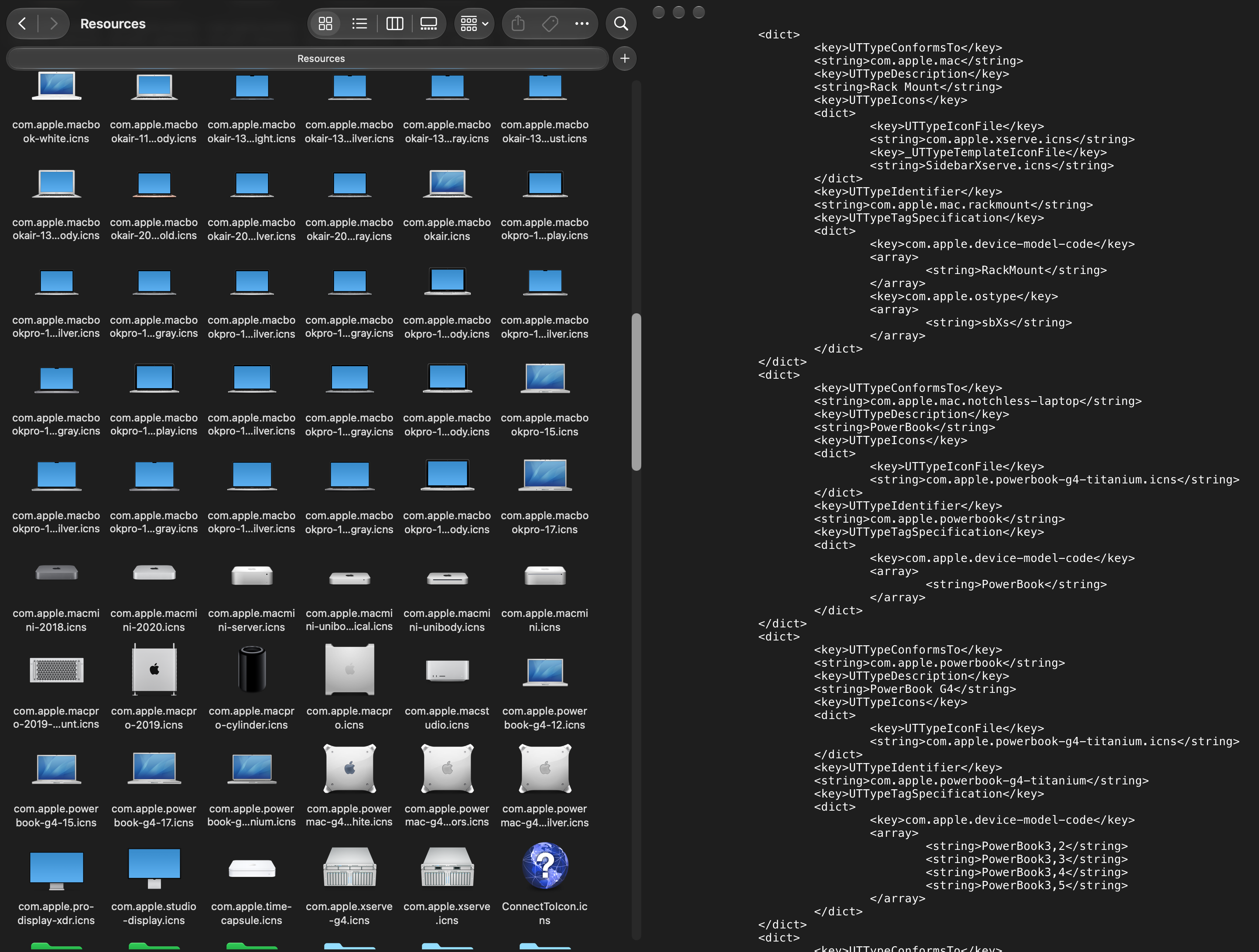 Screenshot of MacOS Finder showing the contents of the CoreServices Resources folder, and a segment of it's Info.plist