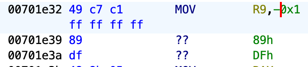 Screenshot of Ghidra with instruction modified to negative 1 and extra padding bytes below.