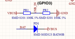 Screenshot of S3 SuperMini's schematic, showing the wiring of the voltage divider to the VBUS, BAT, and GPI)3
