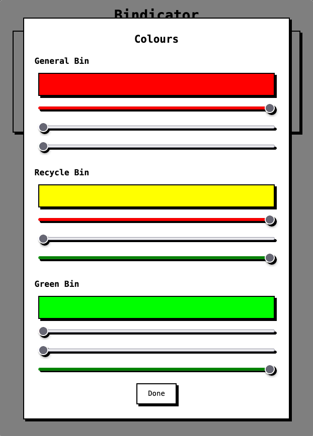 Screenshot of the configuration page for bin colour selection. A series of sliders allow control over the RGB values for each bin type.
