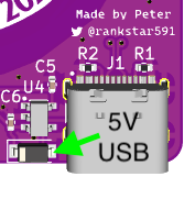 Render of D1 diode with arrow pointing to pad closest to USB socket.