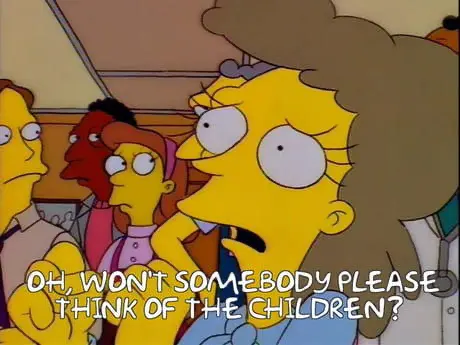 Simpsons frame of Helen Lovejoy crying 'won't somebody please think of the children'