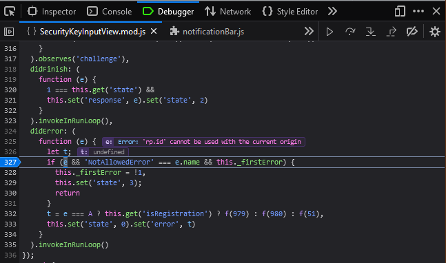 Screenshot of javascript error: 'rp.id' cannot be used with the current origin