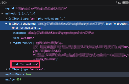 Screenshot of JSON from Fastmail displaying rpID set to fastmail.com