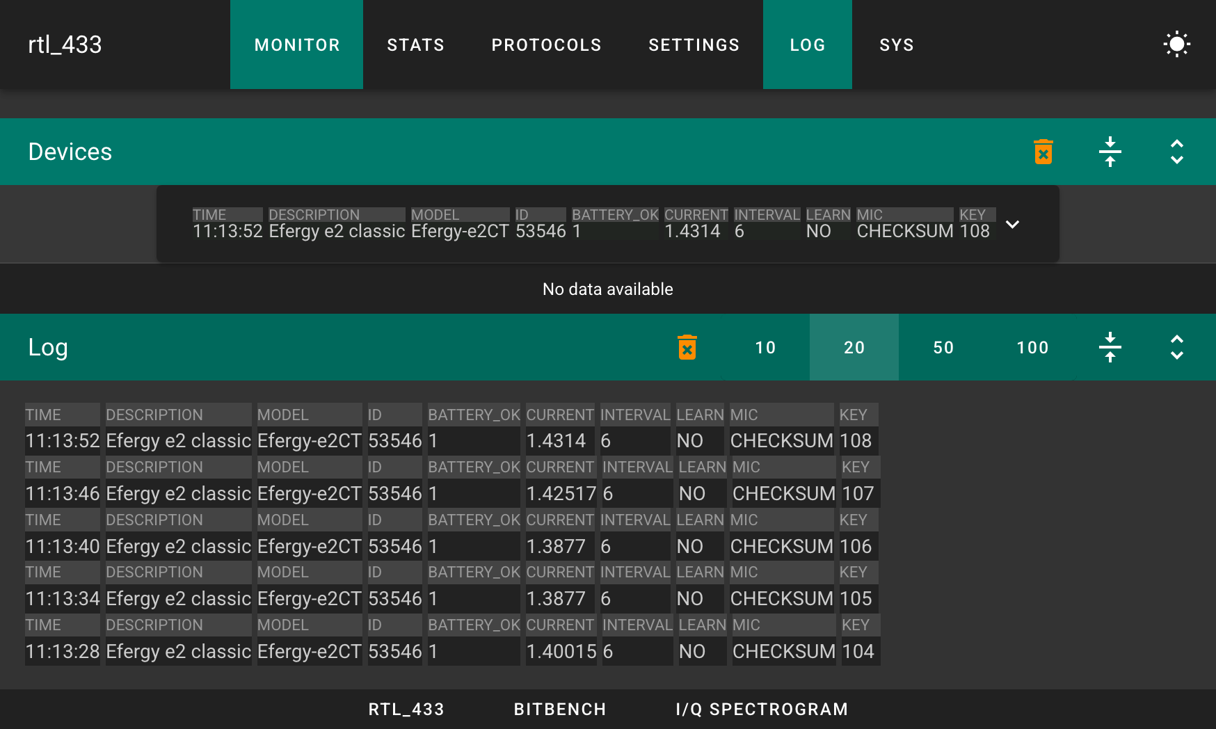 Screenshot of rtl_433 web ui showing a list of received and decoded transmissions.