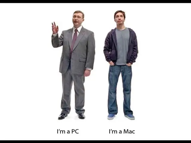 Frame from Apple's 'I'm a Mac' TV ad. With a boring man in a suit representing PC, and a younger cooler man representing Mac.