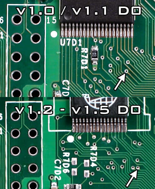 Photos showing the placement of the D0 via on different Xbox motherboards.